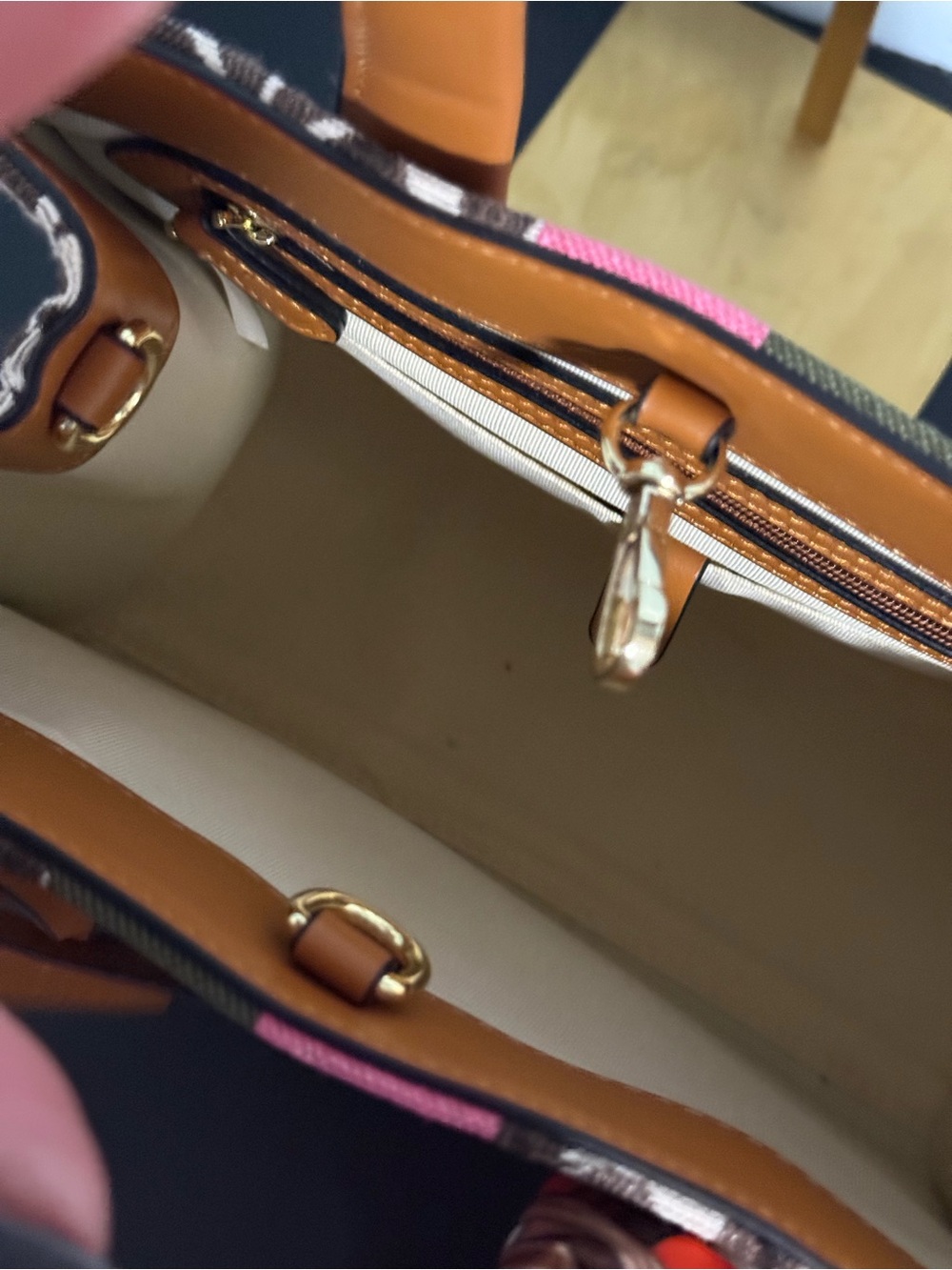 kate spade Brown Floral Canvas Tote with Pink & Olive Center Stripe and Tan Trim - Picture 4 of 14